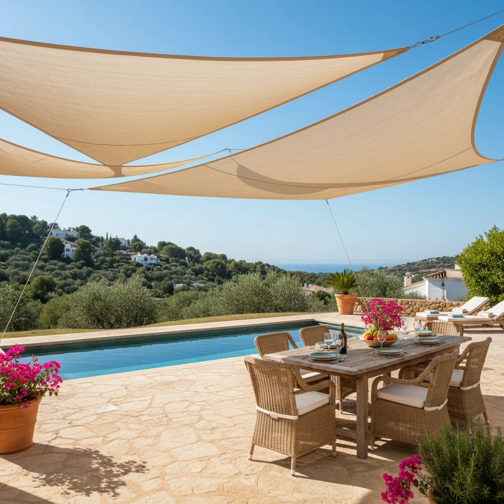 Instalación de velas de sombra en una terraza mediterránea en Rojales, Costa Blanca