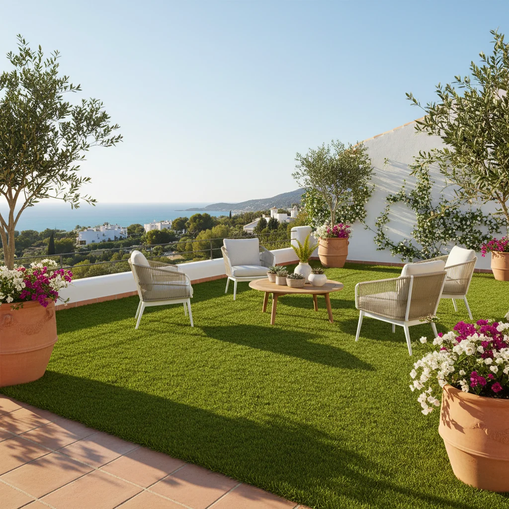 Instalación de césped artificial y paisajismo en una terraza mediterránea en San Fulgencio, Costa Blanca