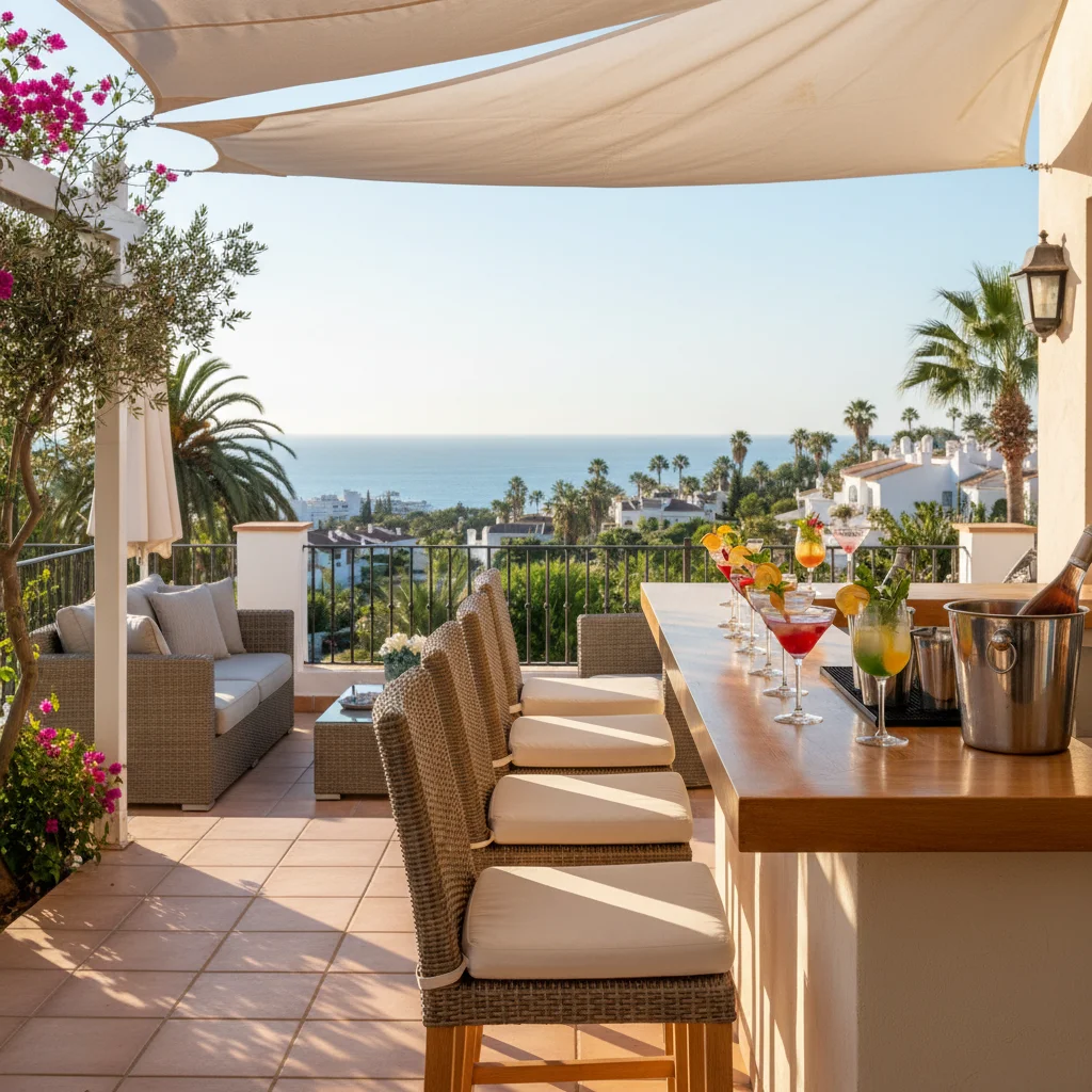 Instalación de muebles de bar exterior en una terraza mediterránea en San Fulgencio, Costa Blanca