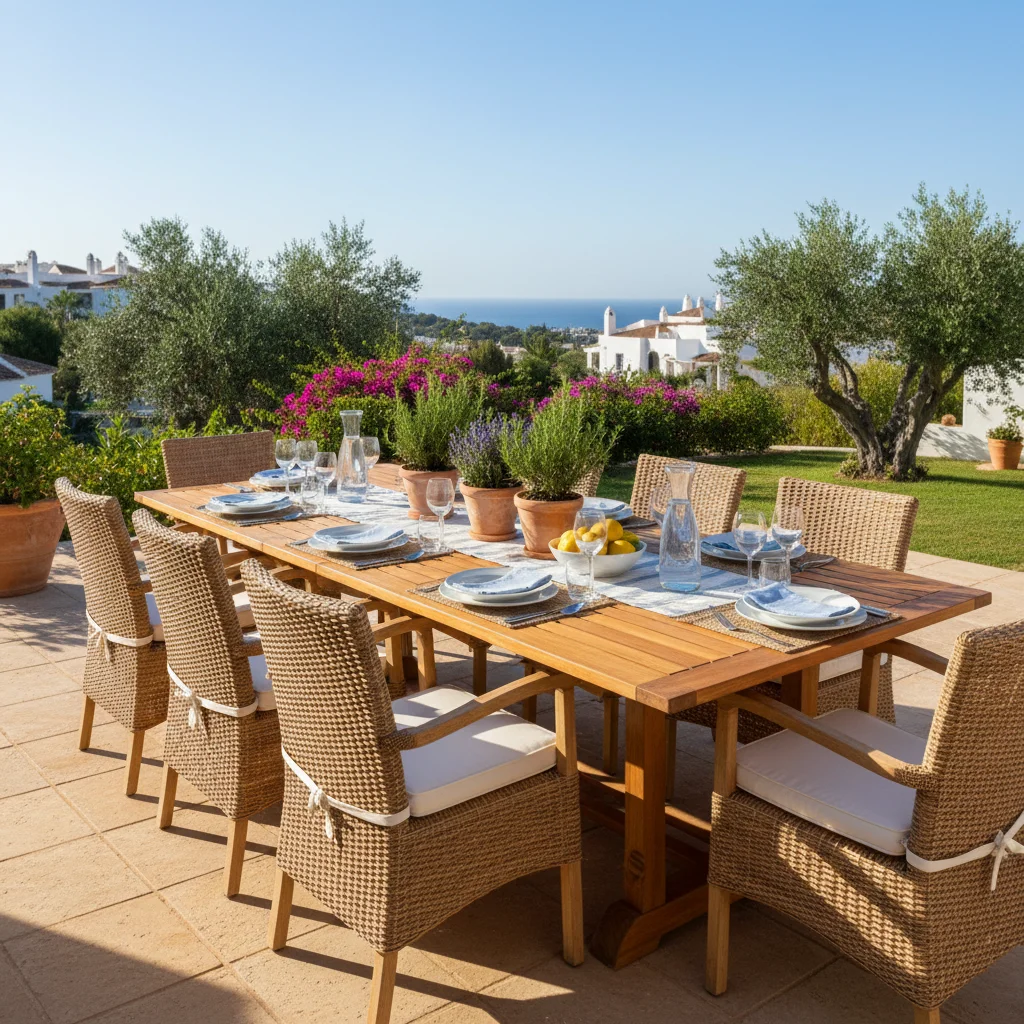 Instalación de conjuntos de comedor exterior en una terraza mediterránea en San Fulgencio, Costa Blanca
