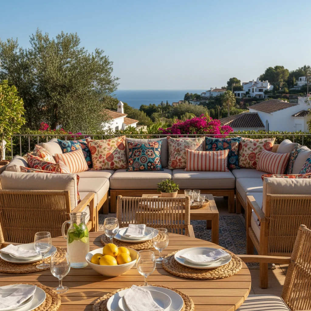 Outdoor-Kissen & Textilien-Einrichtung auf einer mediterranen Terrasse in San Fulgencio, Costa Blanca