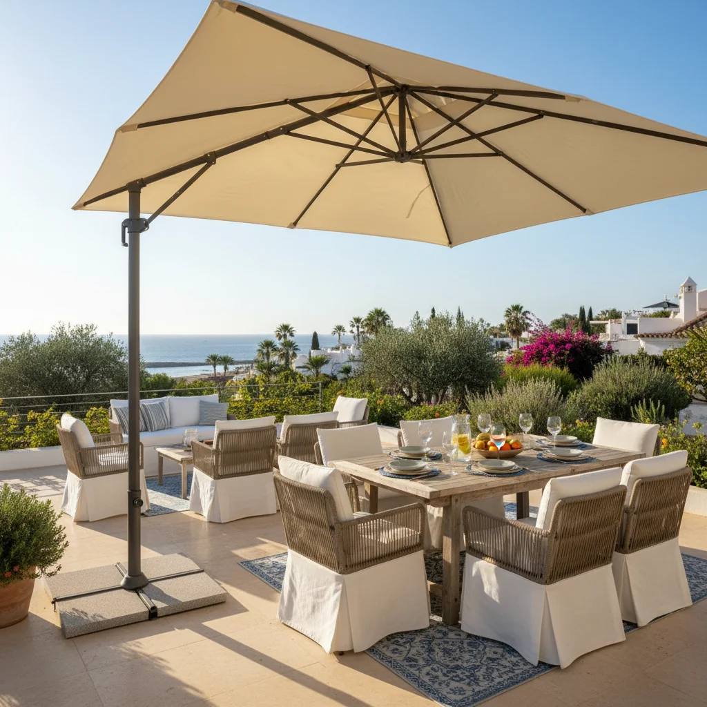Instalación de sombrillas y parasoles en una terraza mediterránea en San Fulgencio, Costa Blanca