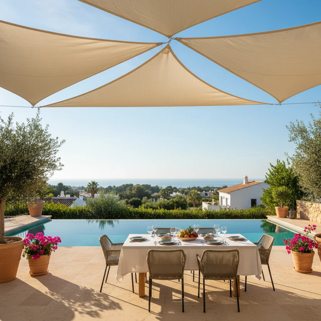 Instalación de velas de sombra en una terraza mediterránea en San Fulgencio, Costa Blanca