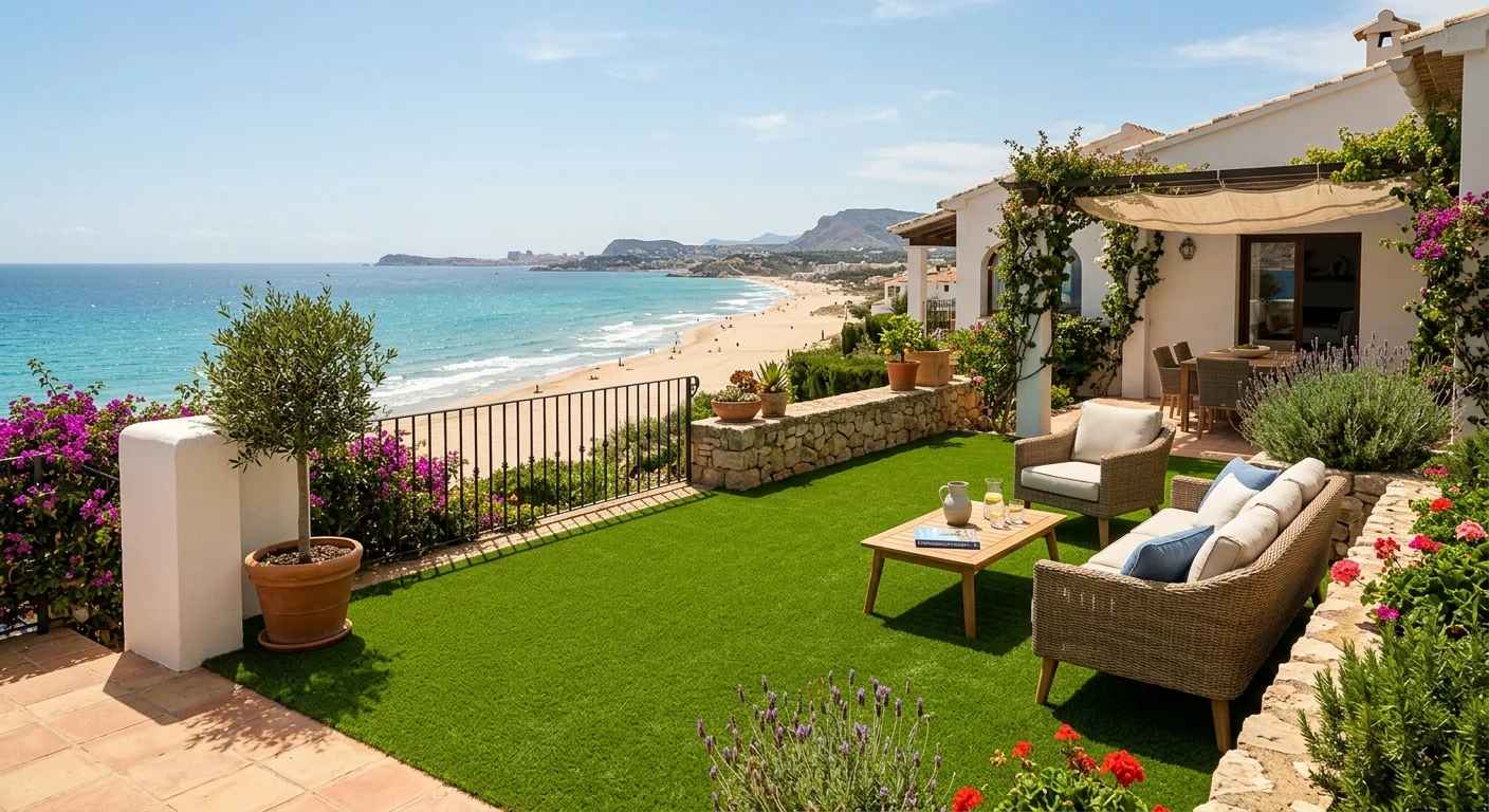 Instalación de césped artificial y paisajismo en una terraza mediterránea en San Juan de Alicante, Costa Blanca