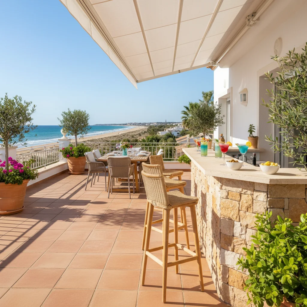 Instalación de muebles de bar exterior en una terraza mediterránea en San Juan de Alicante, Costa Blanca