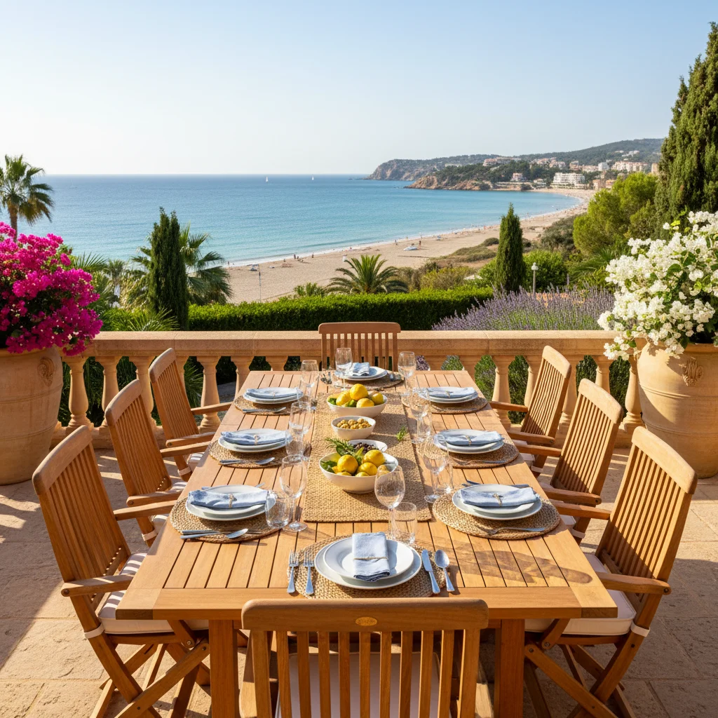 Instalación de conjuntos de comedor exterior en una terraza mediterránea en San Juan de Alicante, Costa Blanca