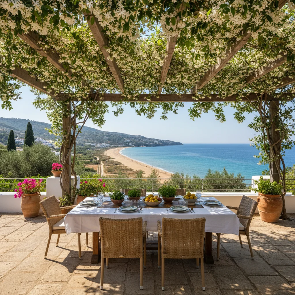 Fixed Pergolas setup on a Mediterranean terrace in San Juan de Alicante, Costa Blanca