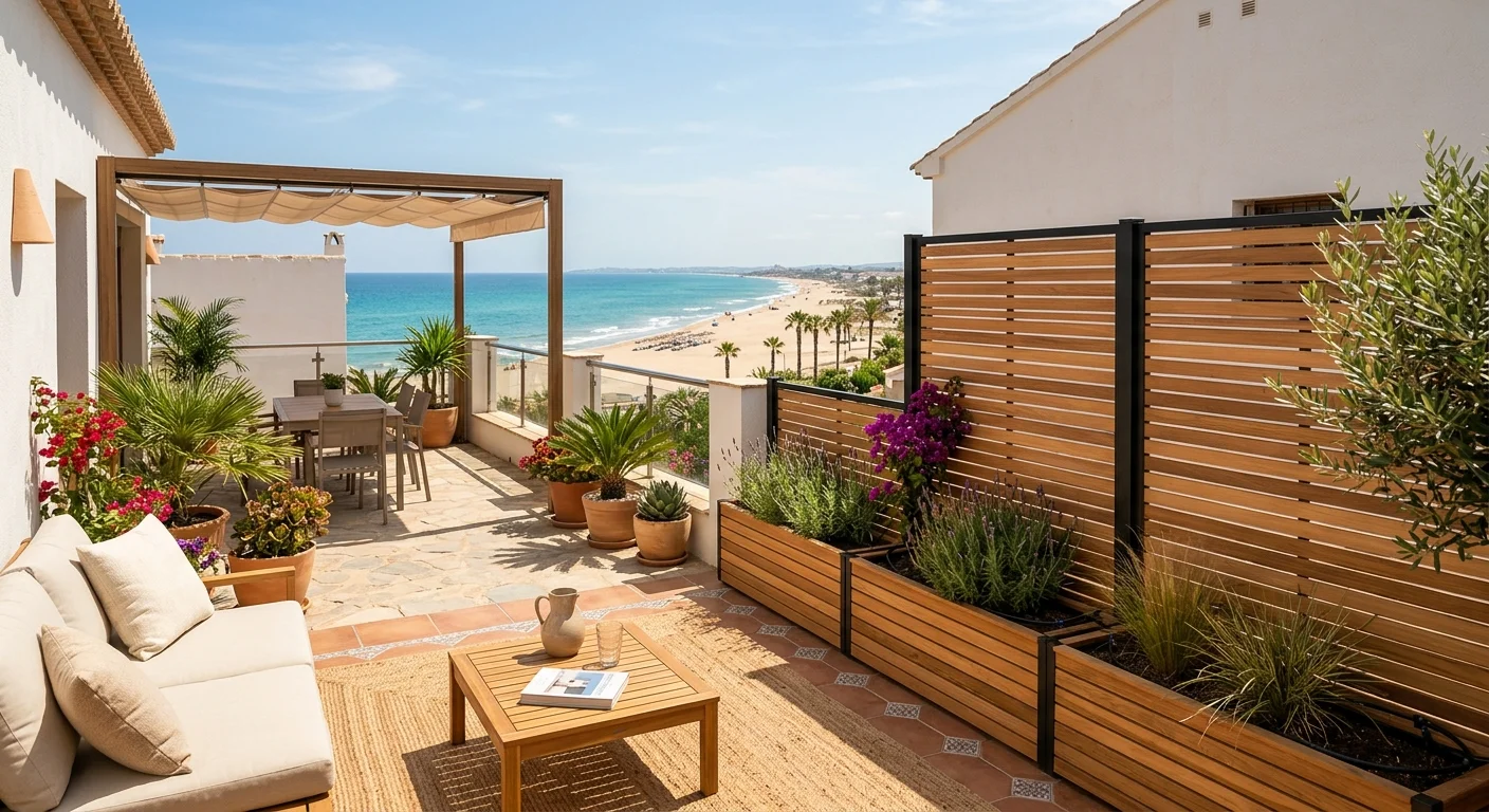 Instalación de vallas y cercas de jardín en una terraza mediterránea en San Juan de Alicante, Costa Blanca