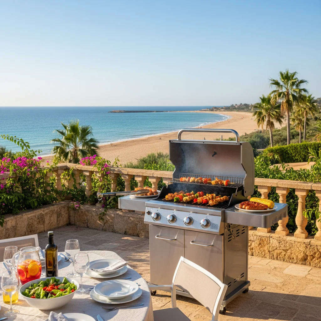 Gasgrills-Einrichtung auf einer mediterranen Terrasse in San Juan de Alicante, Costa Blanca
