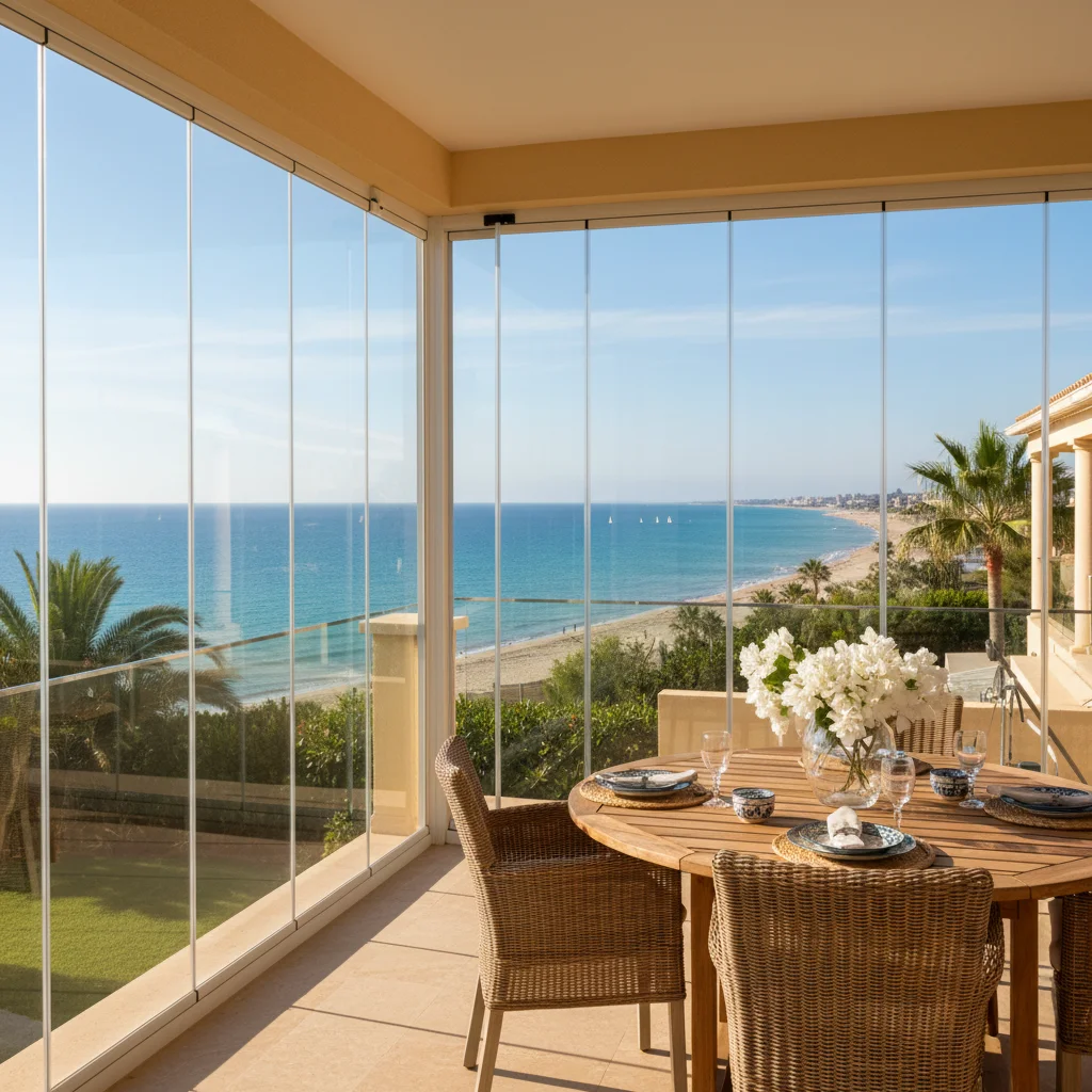 Instalación de cortinas de cristal en una terraza mediterránea en San Juan de Alicante, Costa Blanca