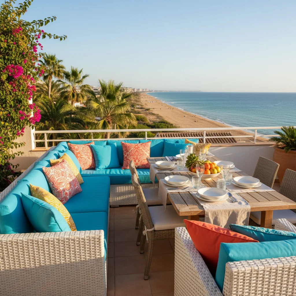 Instalación de cojines y textiles exteriores en una terraza mediterránea en San Juan de Alicante, Costa Blanca