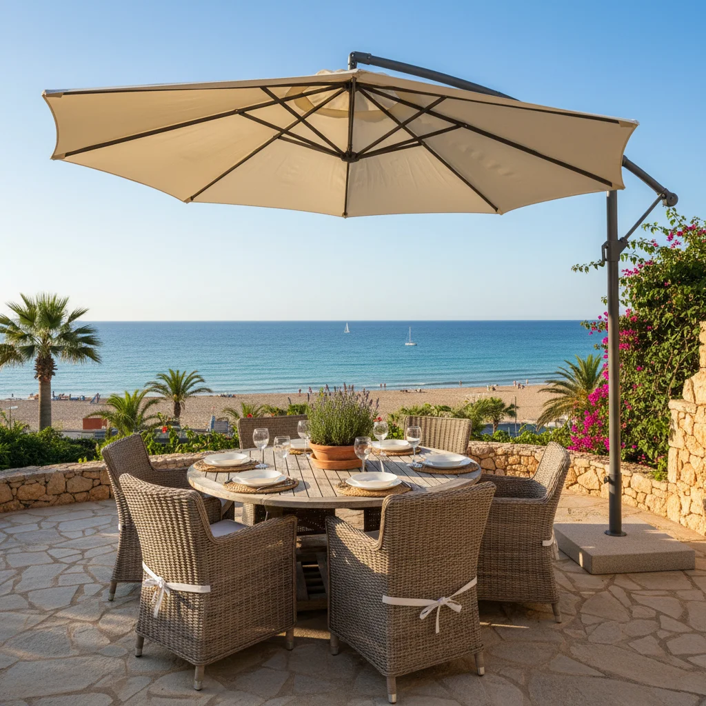 Instalación de sombrillas y parasoles en una terraza mediterránea en San Juan de Alicante, Costa Blanca