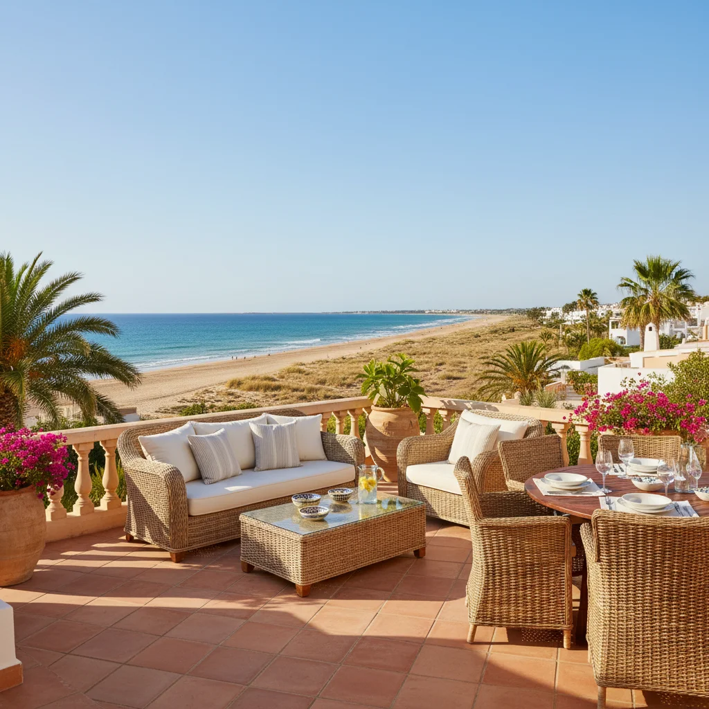 Instalación de conjuntos lounge de ratán en una terraza mediterránea en San Juan de Alicante, Costa Blanca