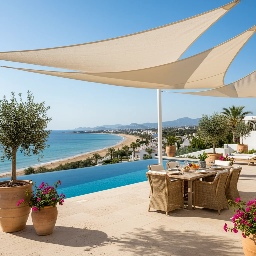 Instalación de velas de sombra en una terraza mediterránea en San Juan de Alicante, Costa Blanca