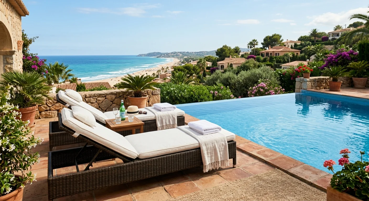 Sun Loungers & Daybeds setup on a Mediterranean terrace in San Juan de Alicante, Costa Blanca