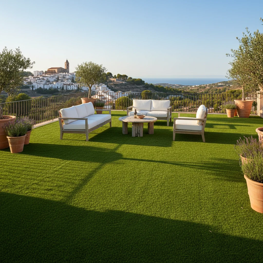 Instalación de césped artificial y paisajismo en una terraza mediterránea en San Miguel de Salinas, Costa Blanca