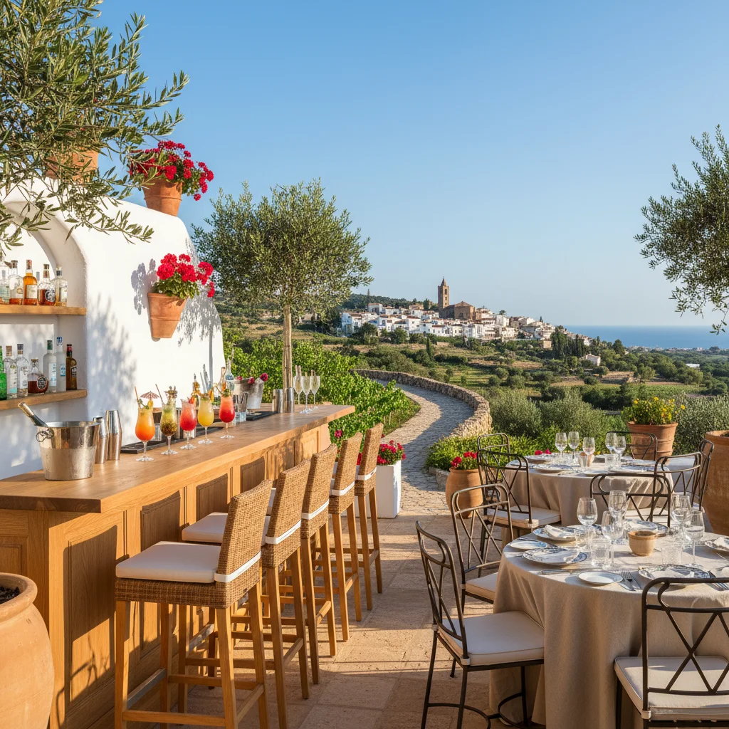 Instalación de muebles de bar exterior en una terraza mediterránea en San Miguel de Salinas, Costa Blanca