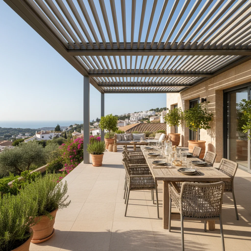 Instalación de pérgolas bioclimáticas en una terraza mediterránea en San Miguel de Salinas, Costa Blanca