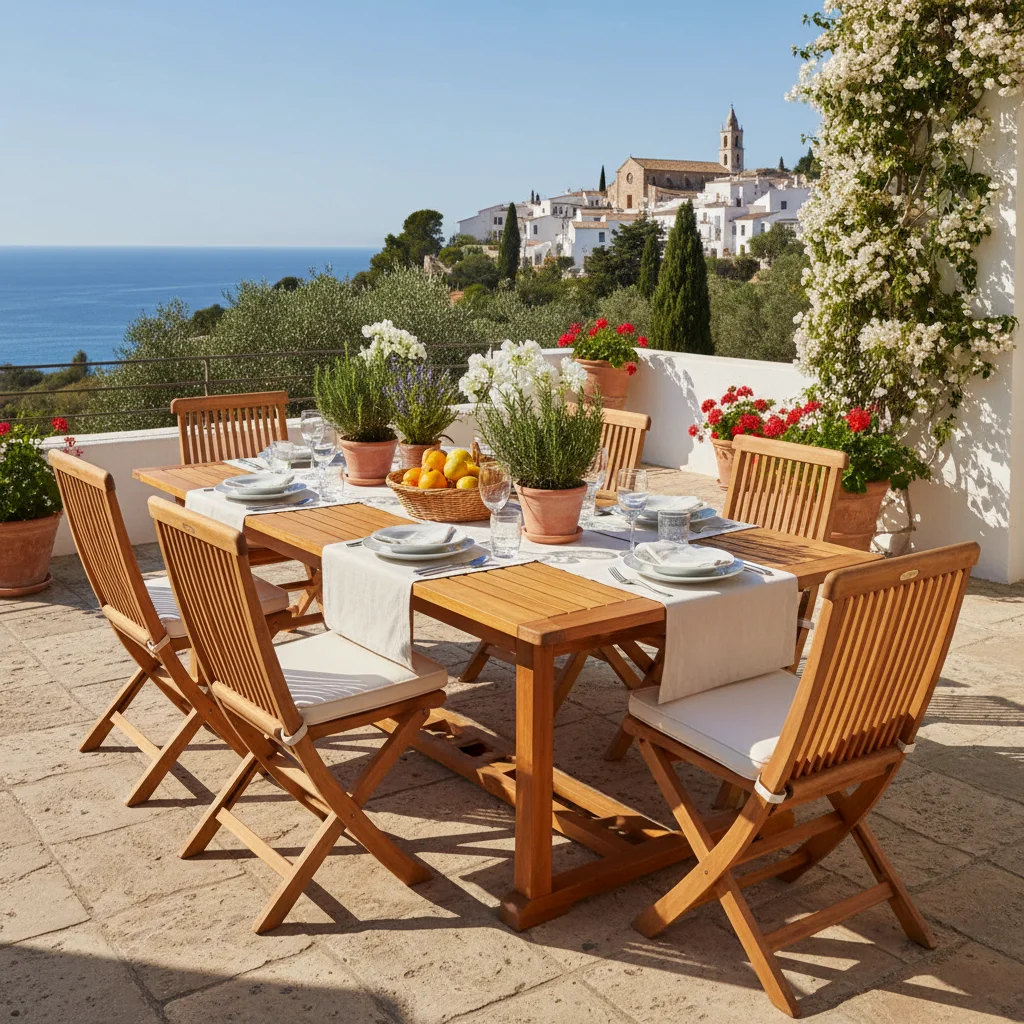 Instalación de conjuntos de comedor exterior en una terraza mediterránea en San Miguel de Salinas, Costa Blanca