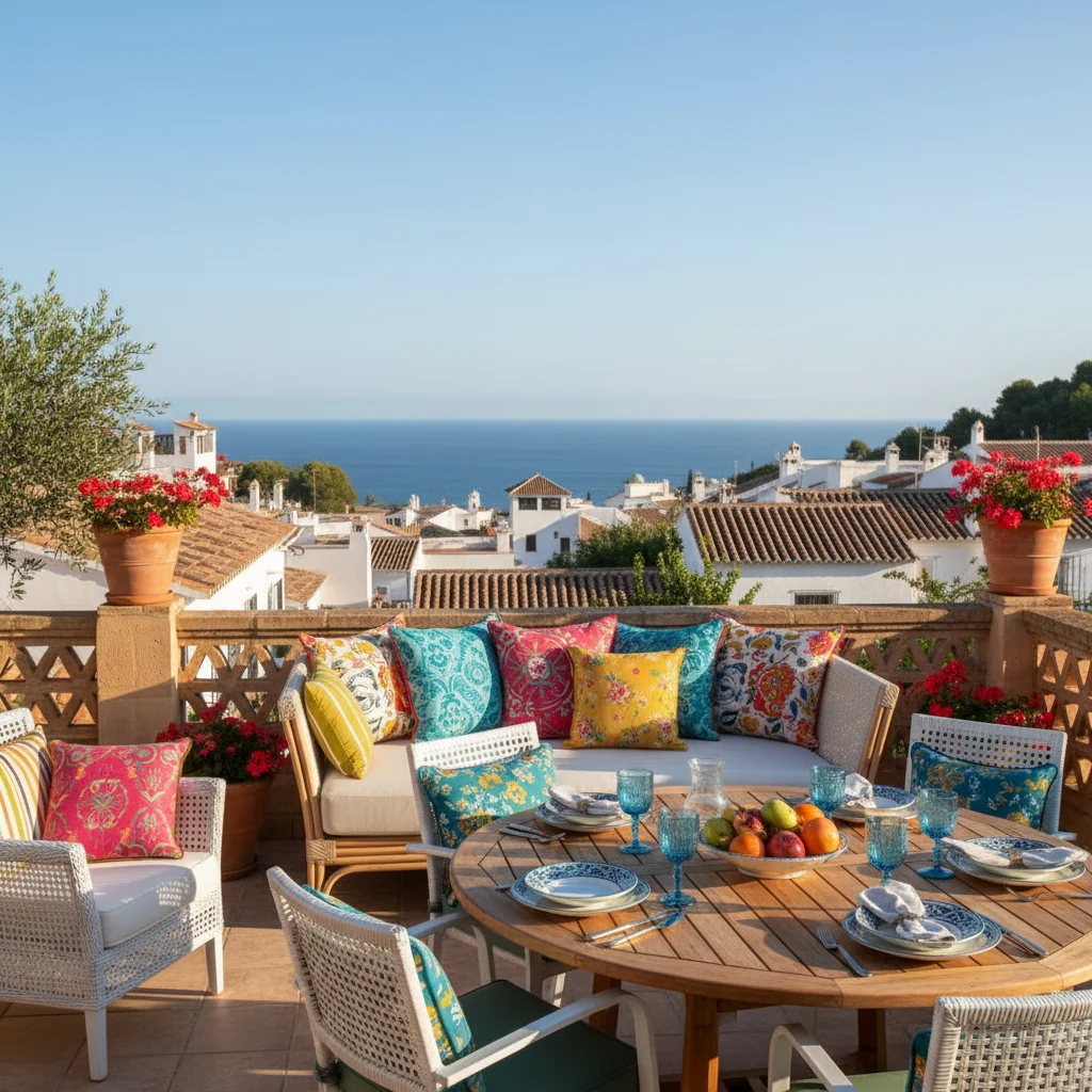 Outdoor-Kissen & Textilien-Einrichtung auf einer mediterranen Terrasse in San Miguel de Salinas, Costa Blanca