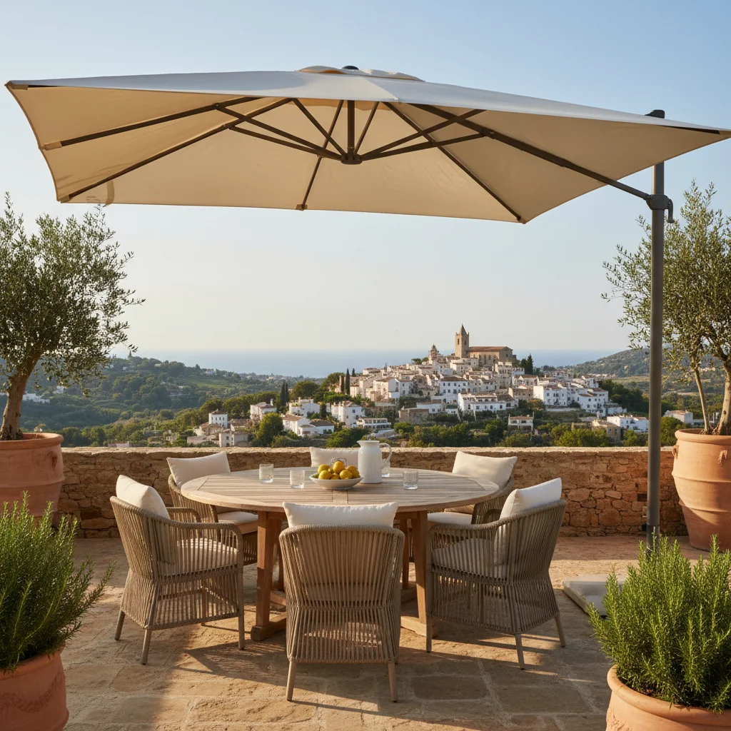 Instalación de sombrillas y parasoles en una terraza mediterránea en San Miguel de Salinas, Costa Blanca
