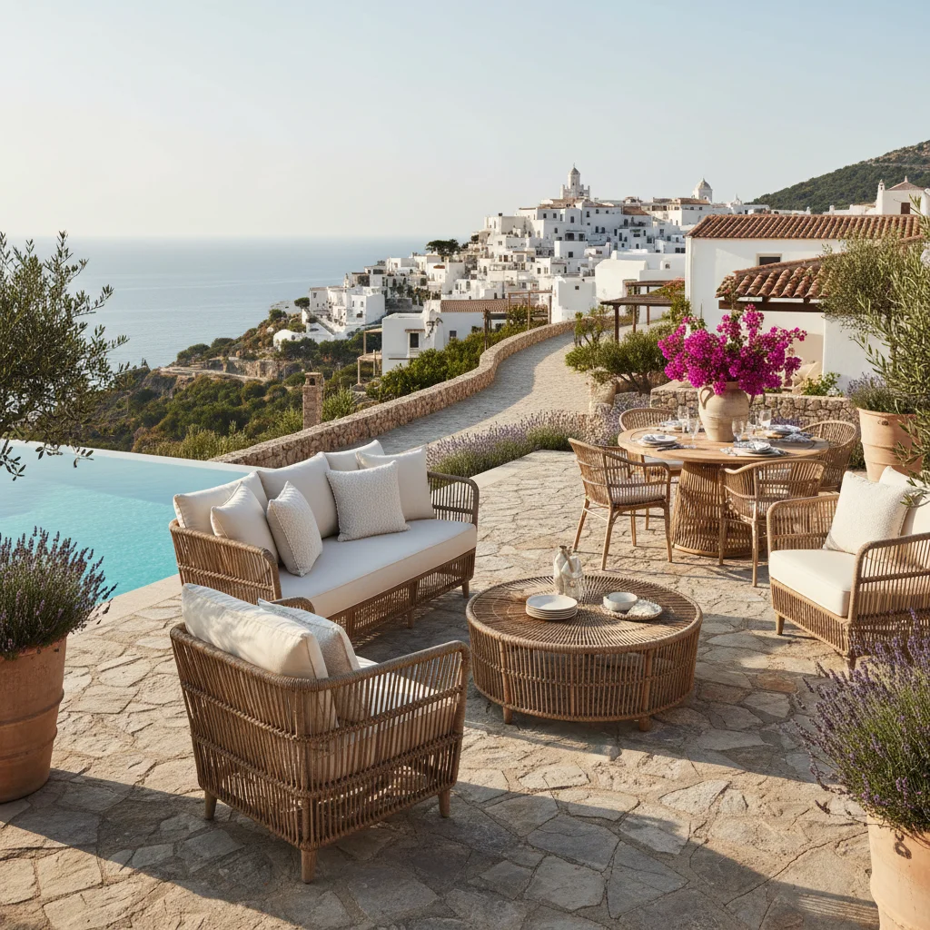 Instalación de conjuntos lounge de ratán en una terraza mediterránea en San Miguel de Salinas, Costa Blanca