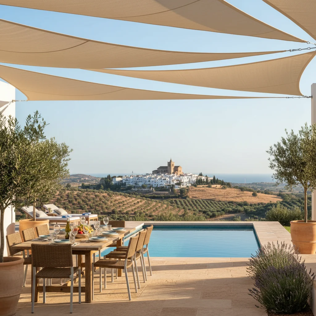 Instalación de velas de sombra en una terraza mediterránea en San Miguel de Salinas, Costa Blanca