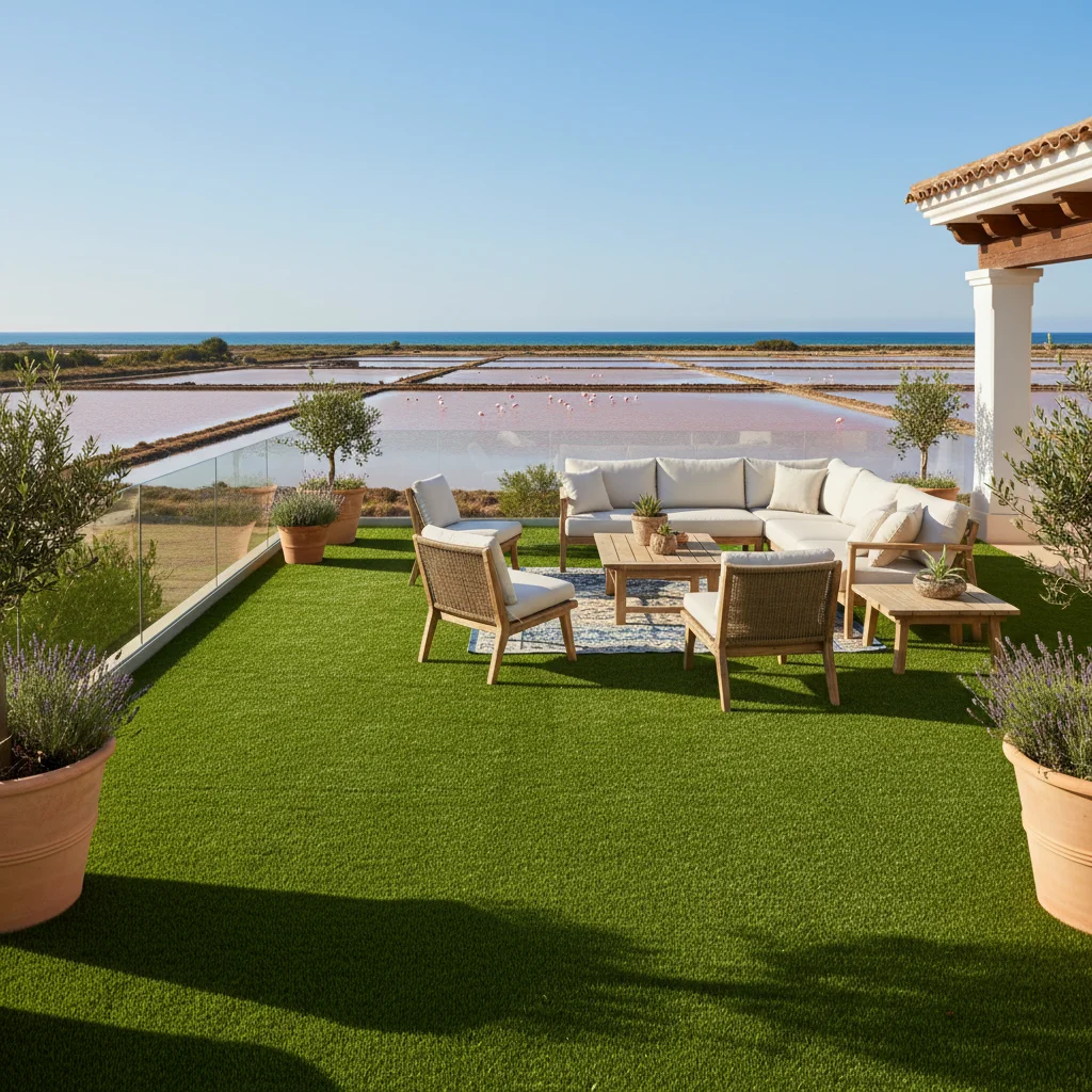 Instalación de césped artificial y paisajismo en una terraza mediterránea en Santa Pola, Costa Blanca