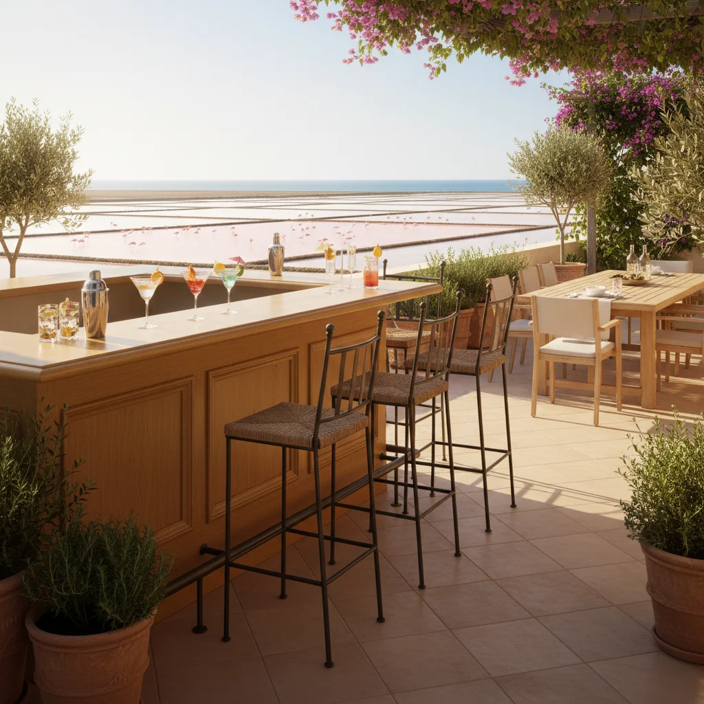 Instalación de muebles de bar exterior en una terraza mediterránea en Santa Pola, Costa Blanca