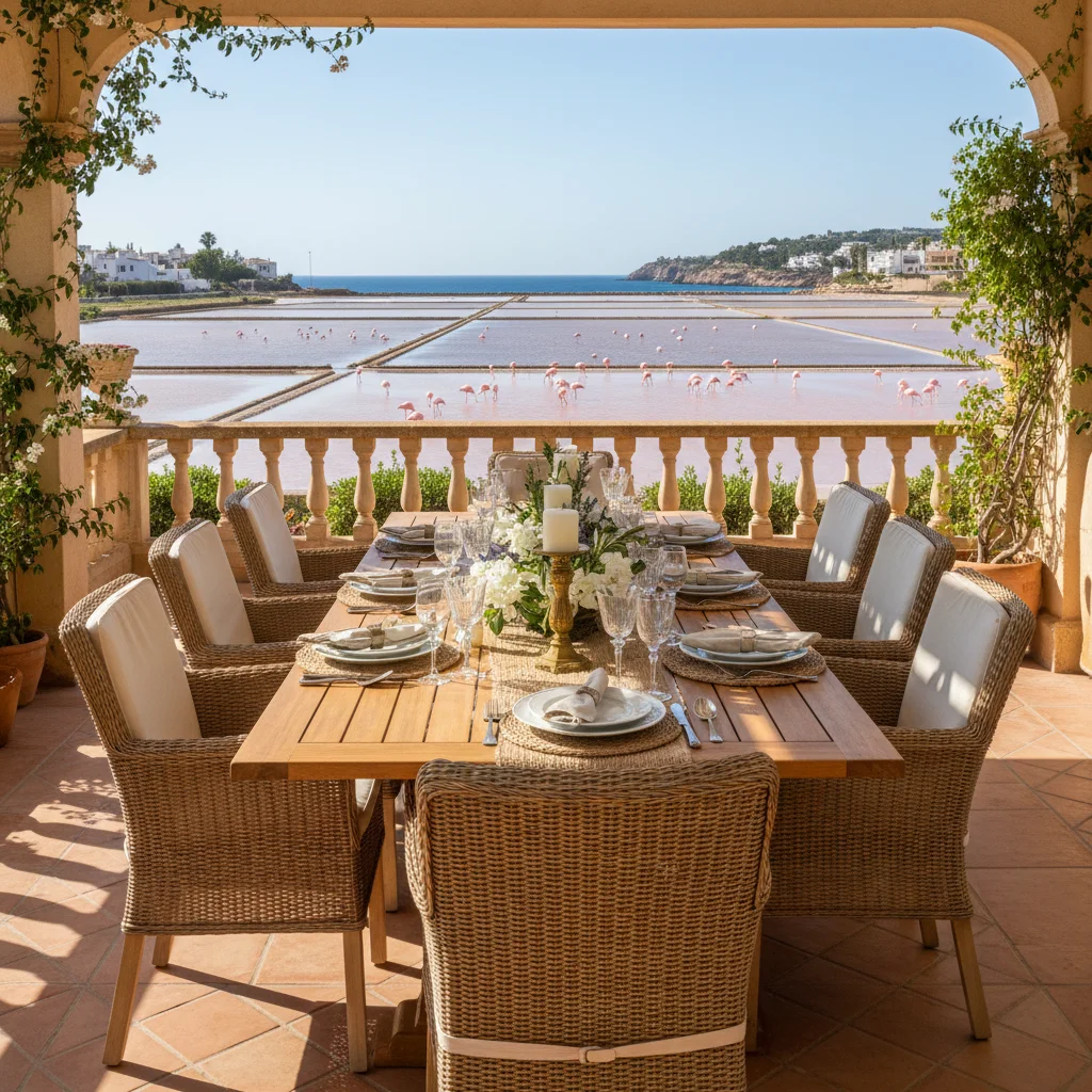 Instalación de conjuntos de comedor exterior en una terraza mediterránea en Santa Pola, Costa Blanca