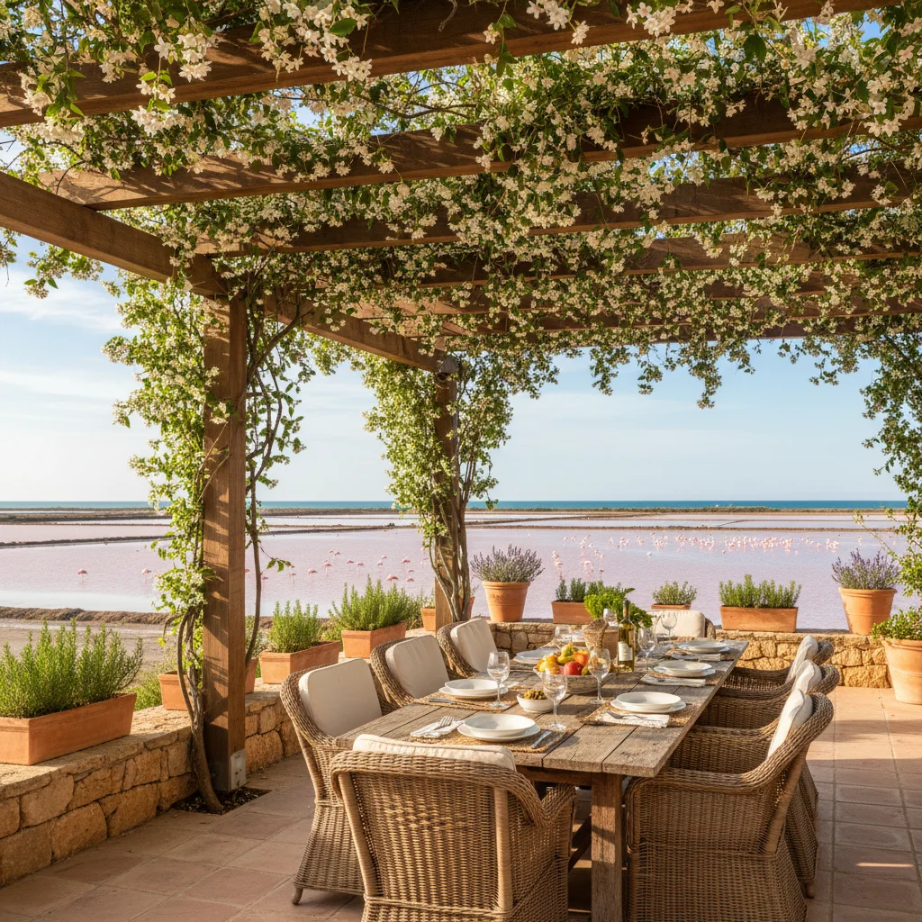 Fixed Pergolas setup on a Mediterranean terrace in Santa Pola, Costa Blanca