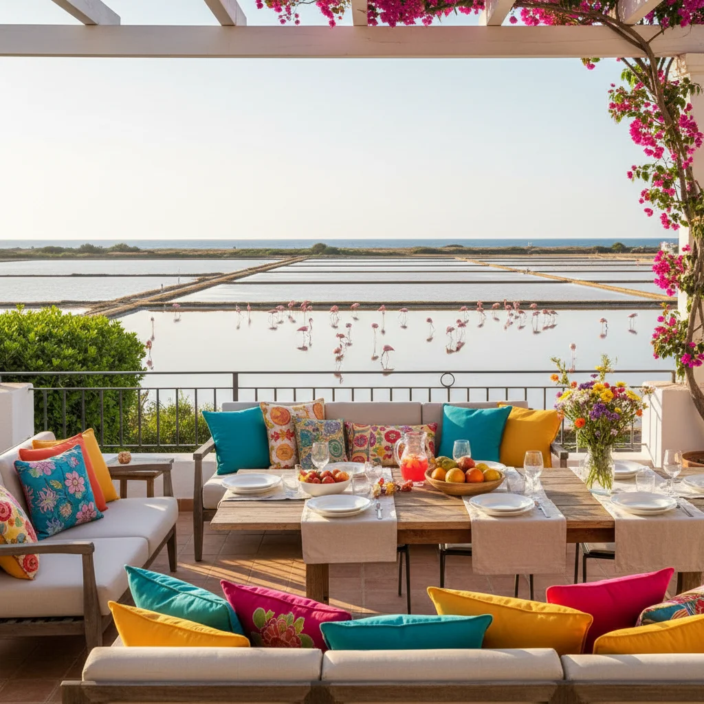 Instalación de cojines y textiles exteriores en una terraza mediterránea en Santa Pola, Costa Blanca
