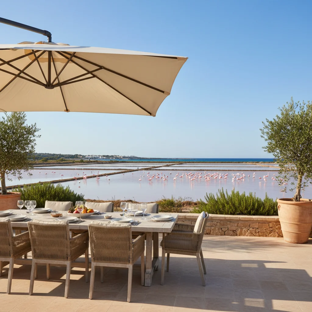 Instalación de sombrillas y parasoles en una terraza mediterránea en Santa Pola, Costa Blanca