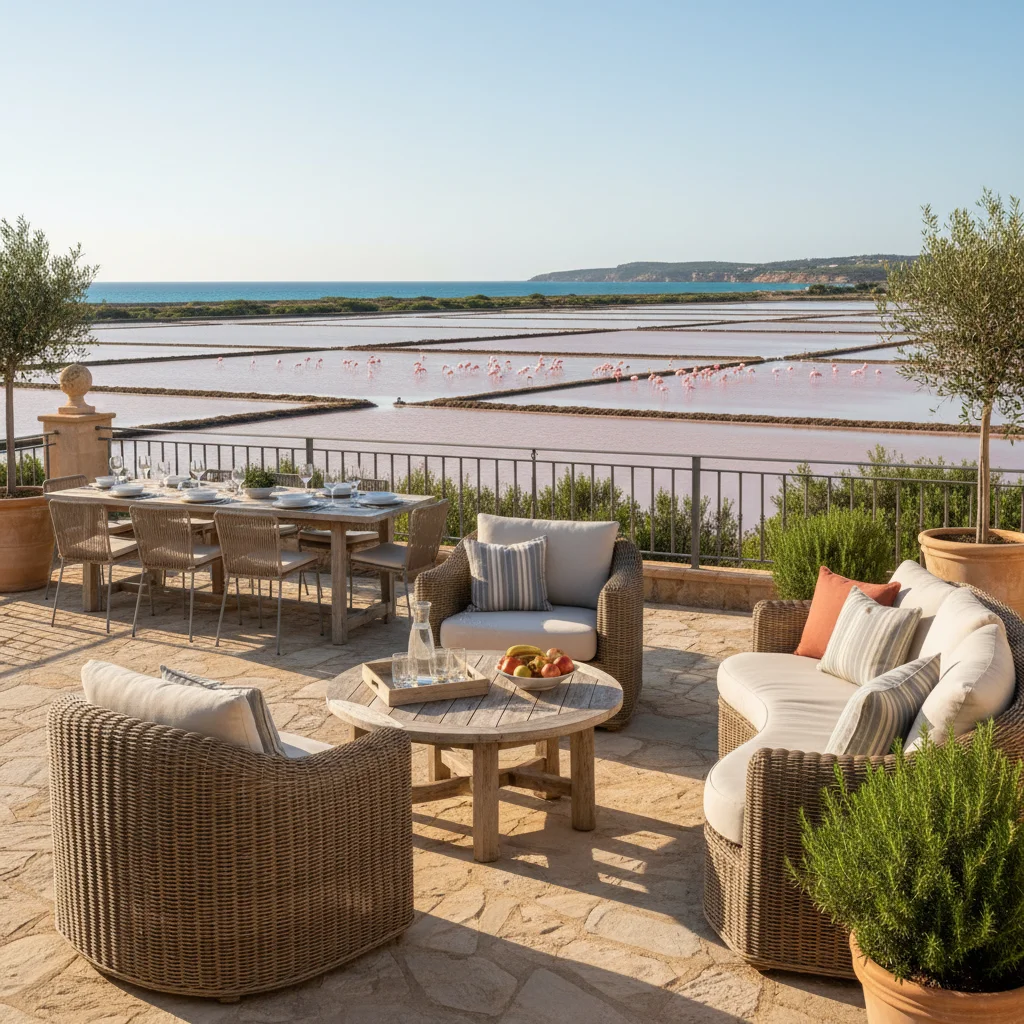 Instalación de conjuntos lounge de ratán en una terraza mediterránea en Santa Pola, Costa Blanca