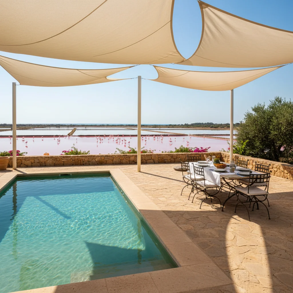 Instalación de velas de sombra en una terraza mediterránea en Santa Pola, Costa Blanca