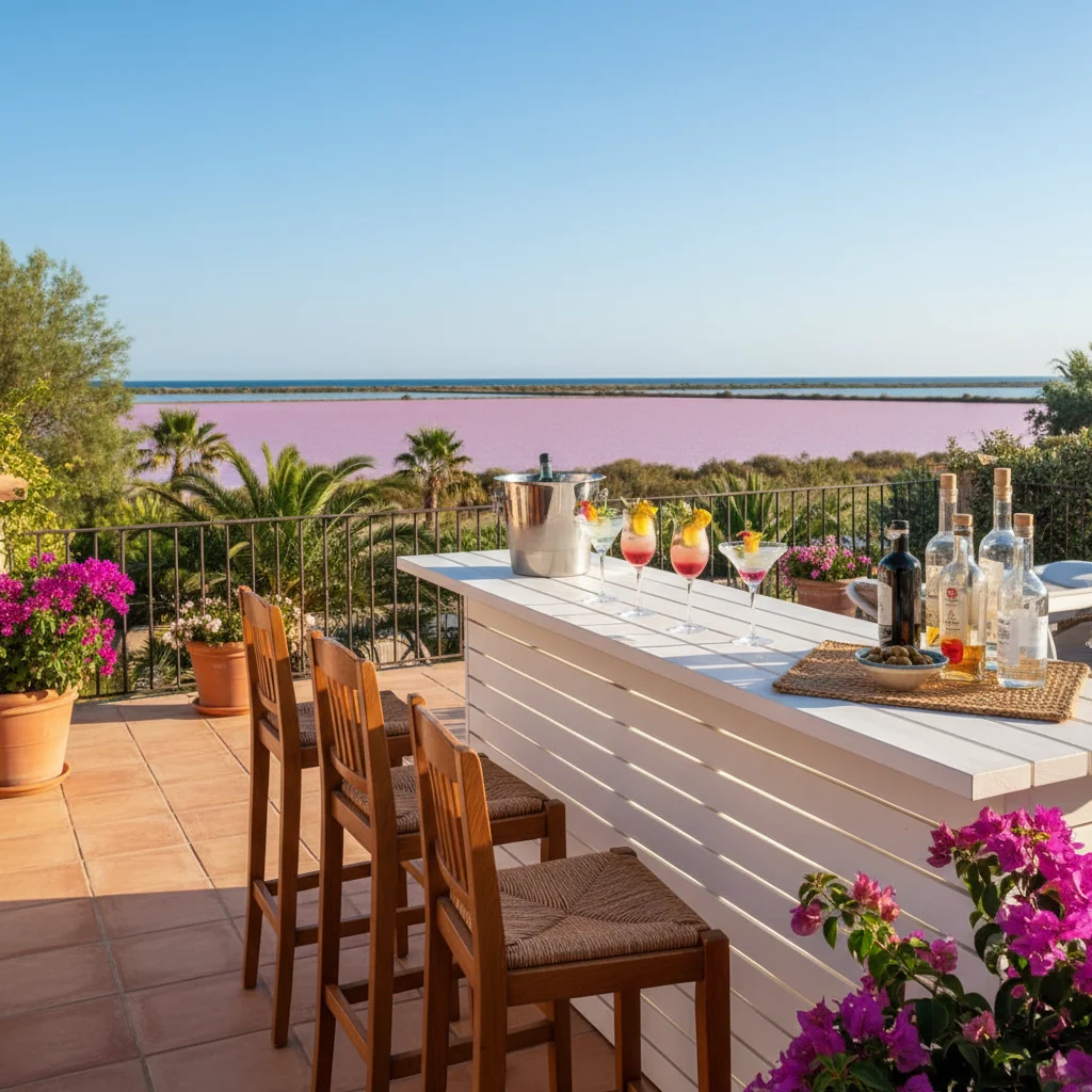 Instalación de muebles de bar exterior en una terraza mediterránea en Torrevieja, Costa Blanca