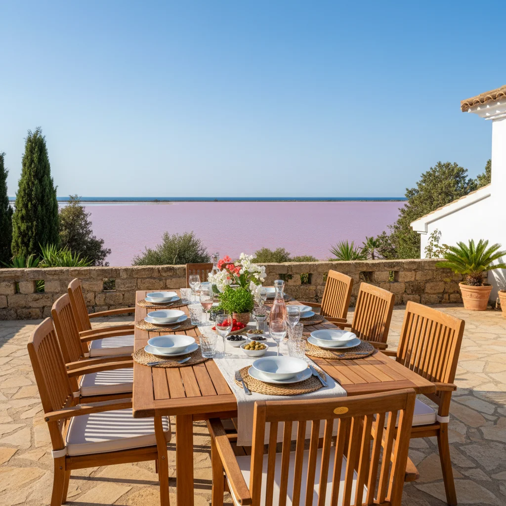 Instalación de conjuntos de comedor exterior en una terraza mediterránea en Torrevieja, Costa Blanca