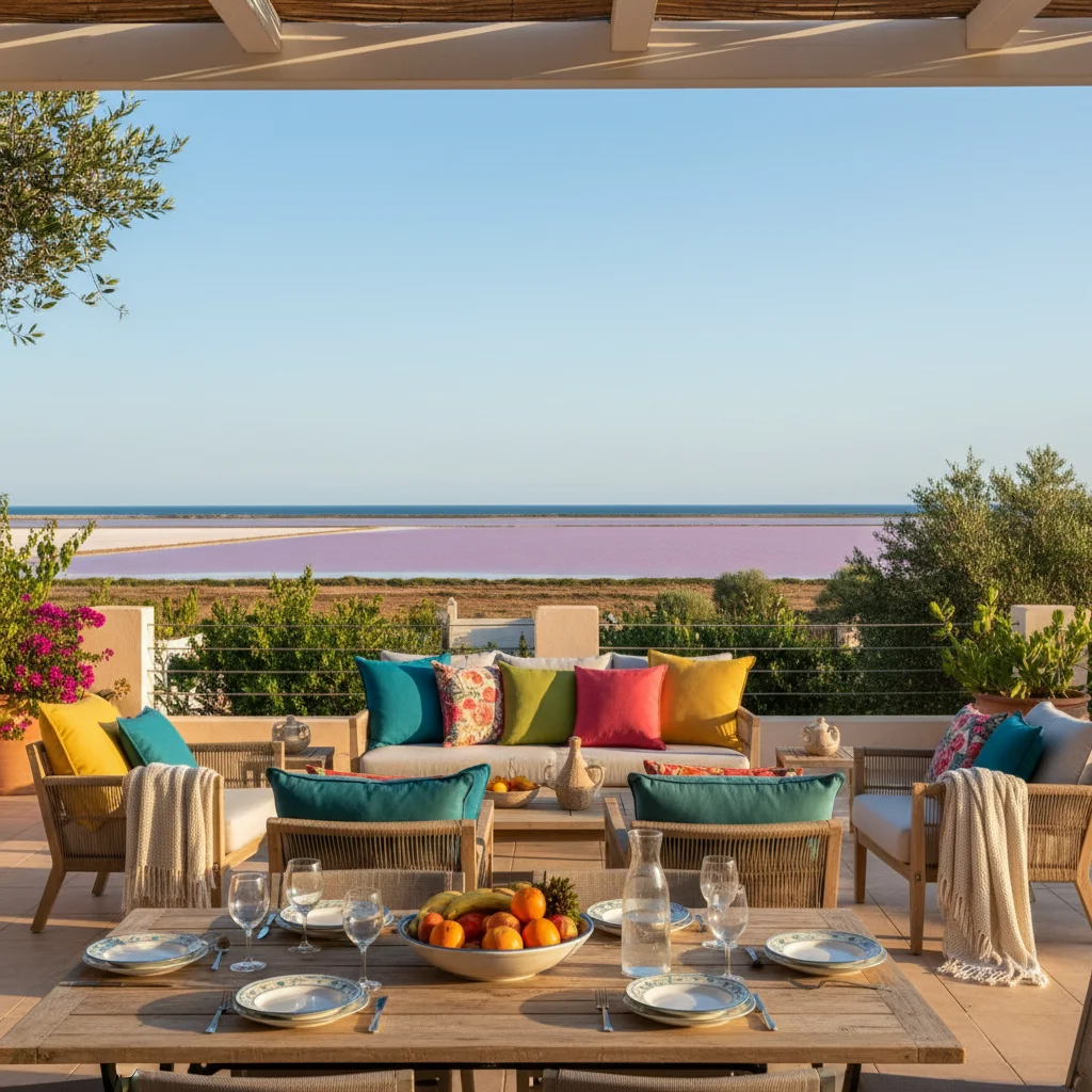 Instalación de cojines y textiles exteriores en una terraza mediterránea en Torrevieja, Costa Blanca