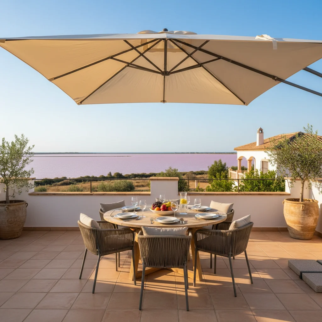 Instalación de sombrillas y parasoles en una terraza mediterránea en Torrevieja, Costa Blanca