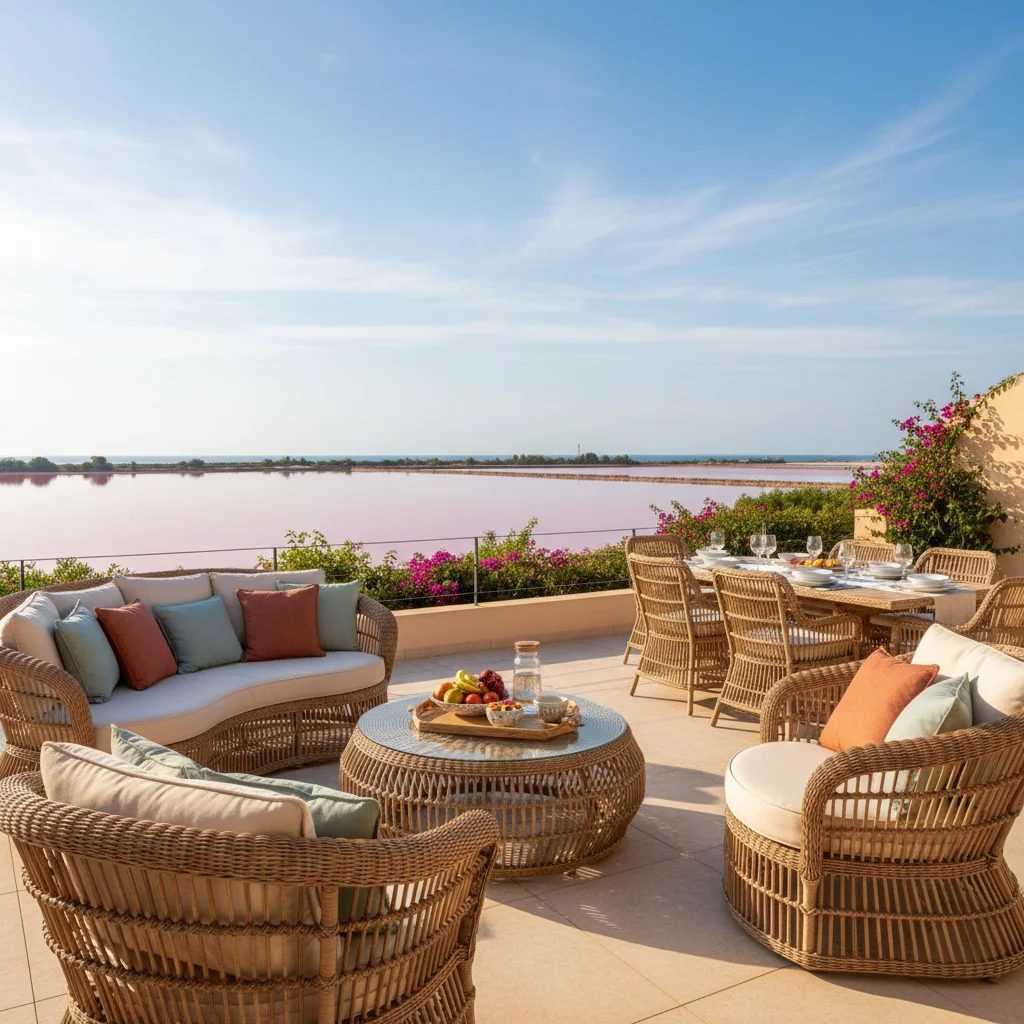 Instalación de conjuntos lounge de ratán en una terraza mediterránea en Torrevieja, Costa Blanca