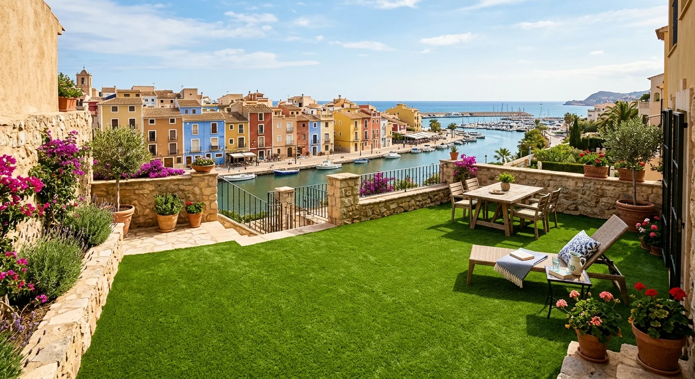 Artificial Grass & Landscaping setup on a Mediterranean terrace in Villajoyosa, Costa Blanca