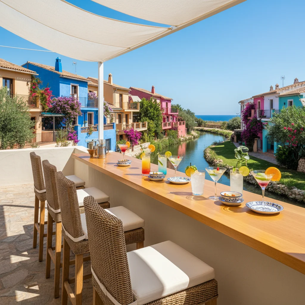 Instalación de muebles de bar exterior en una terraza mediterránea en Villajoyosa, Costa Blanca