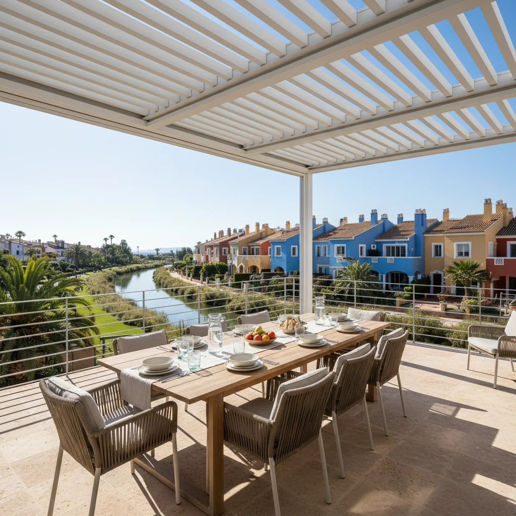Instalación de pérgolas bioclimáticas en una terraza mediterránea en Villajoyosa, Costa Blanca