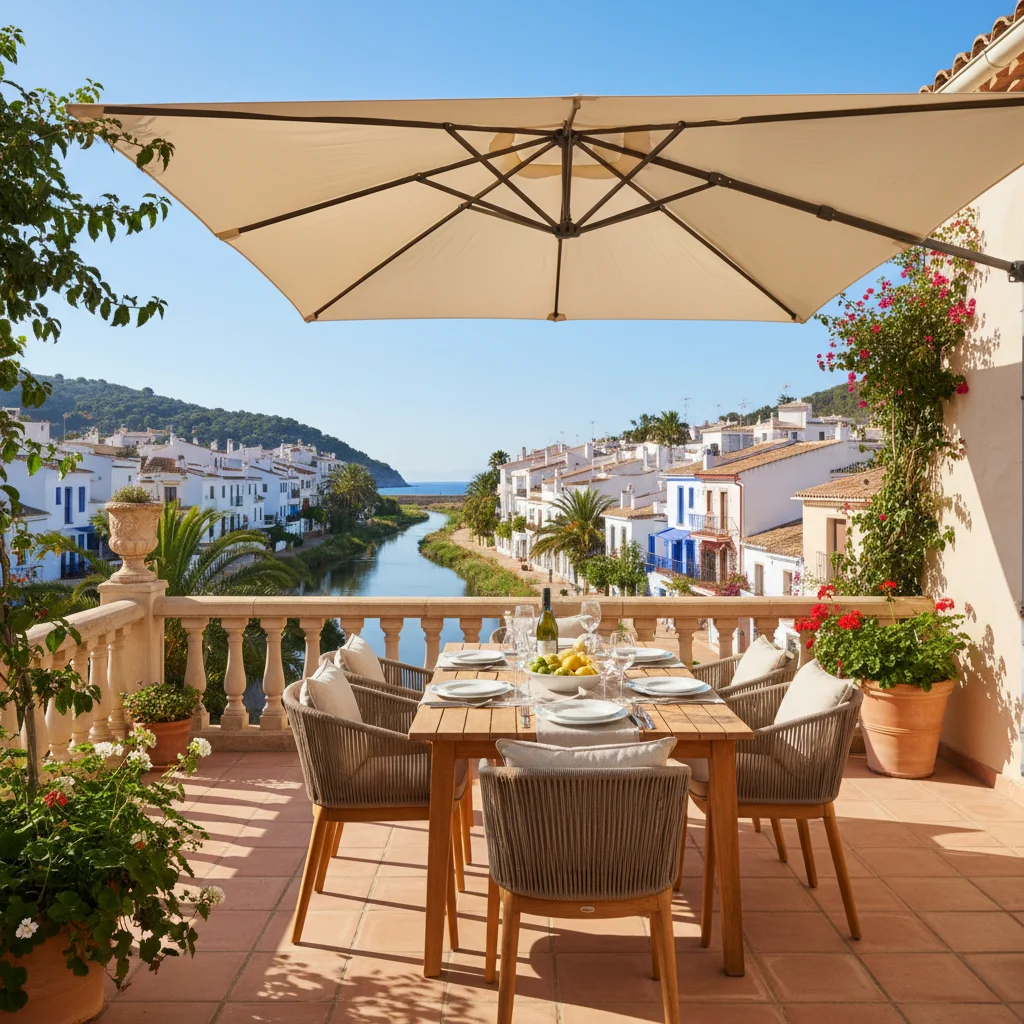 Instalación de sombrillas y parasoles en una terraza mediterránea en Villajoyosa, Costa Blanca