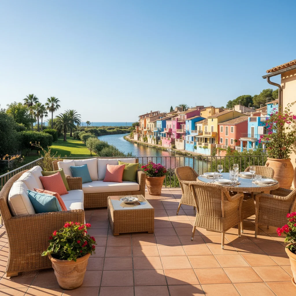 Instalación de conjuntos lounge de ratán en una terraza mediterránea en Villajoyosa, Costa Blanca