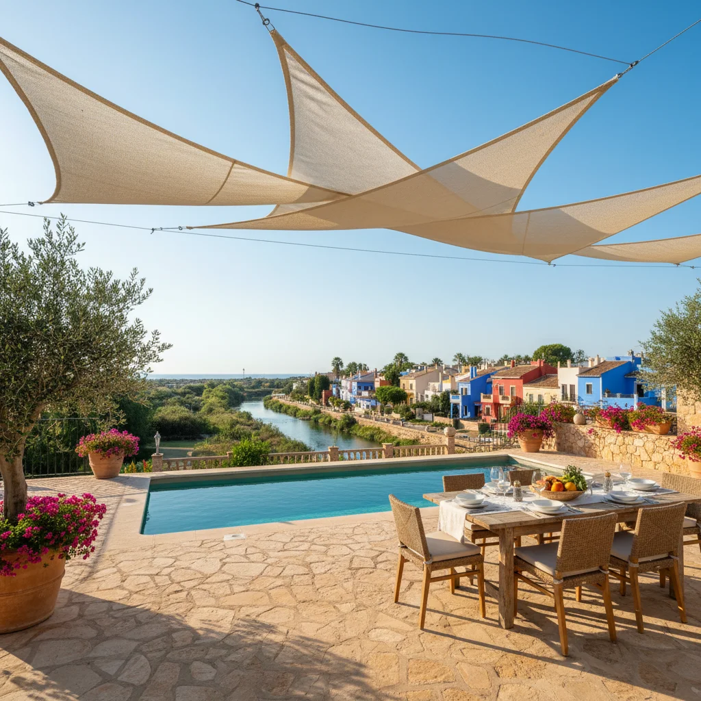 Instalación de velas de sombra en una terraza mediterránea en Villajoyosa, Costa Blanca